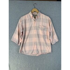 Vintage 90s Shah Safari Shirt Small Pink Gray Plaid Cotton Oversized 3/4 Sleeve